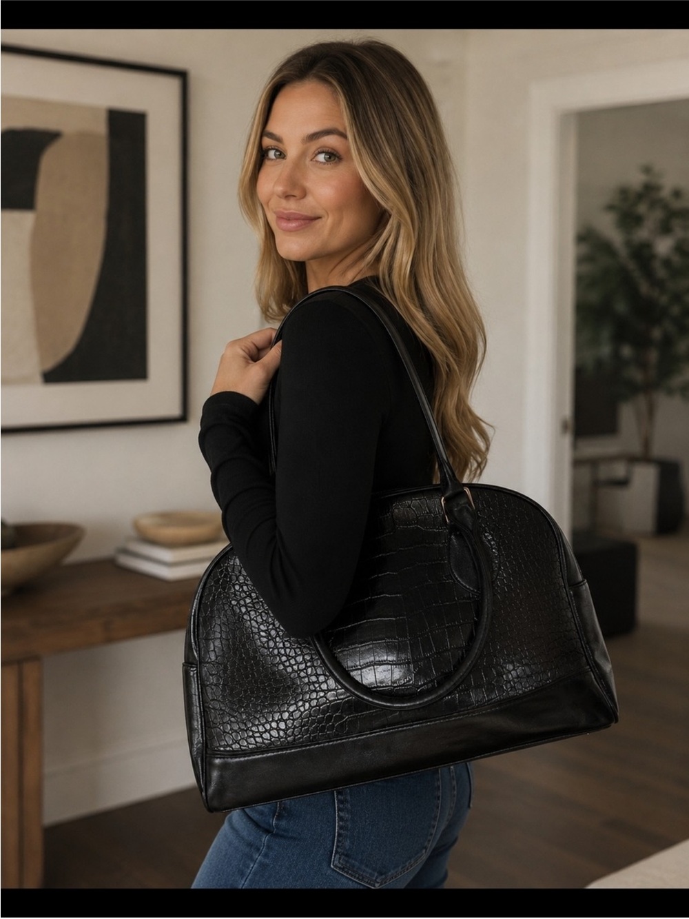 Classic Black Croc-Embossed Shoulder Bag and Crossbody To Match